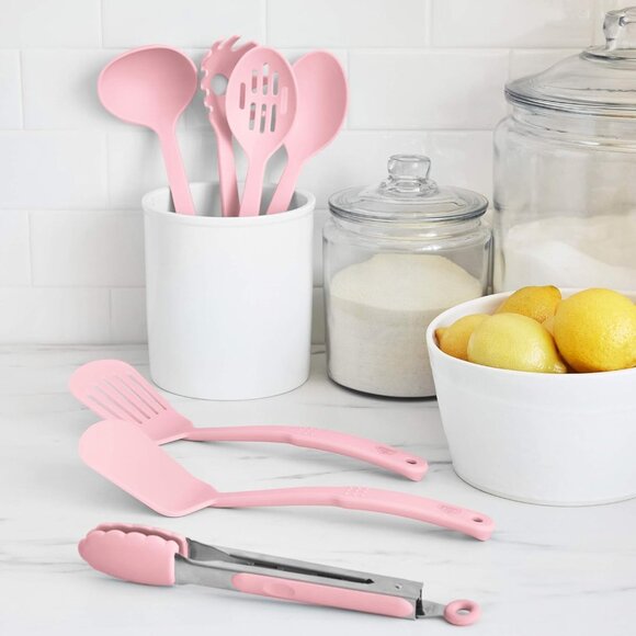 7 Piece Nylon Set Spatulas Turner Spoons and Tongs Soft Pink Cooking Tools - Picture 5 of 10